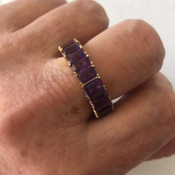 Emerald Cut Band Gold Plated Sterling Silver 925 Gen Amethyst Purple Ring Sz.8 - Picture 9 of 16